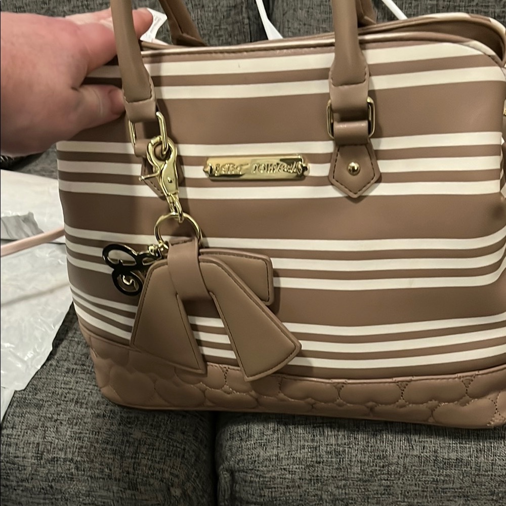 Betsey Johnson Tan and White Satchel with Gold Accents